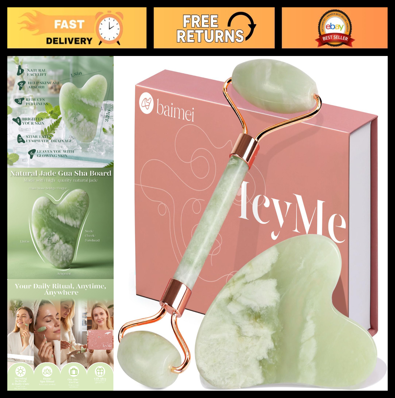 Jade Roller & Gua Sha Set for Face Depuffing | Skin Care Tool for Relaxation & B