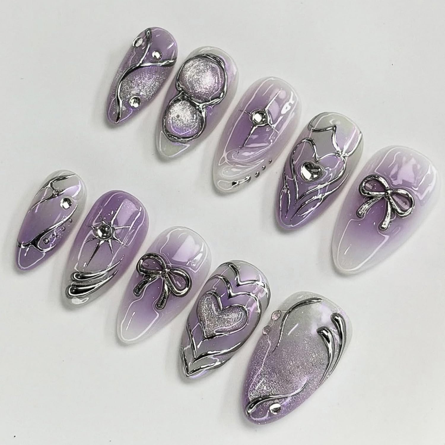 24Pcs Medium Almond Press on Nails Pink Valentines Fake Nails 3D Metal Bow Acryl