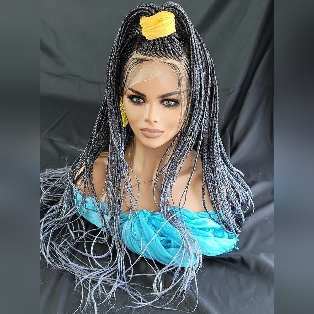 Braided Wig Micro Braids Lace Front Glueless 26in Silver Black Ombre Handmade