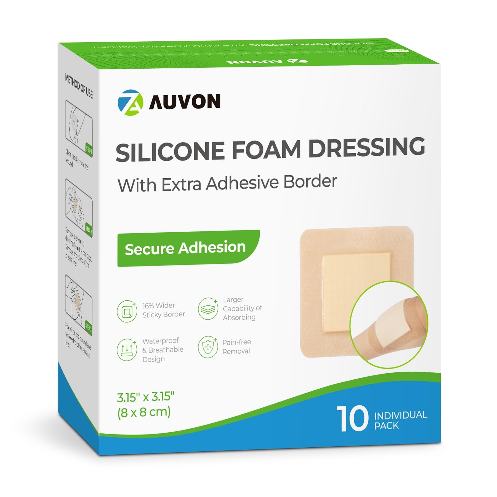 AUVON Silicone Foam Dressing with Large Adhesive 3×3 Inch (10 Pcs), White