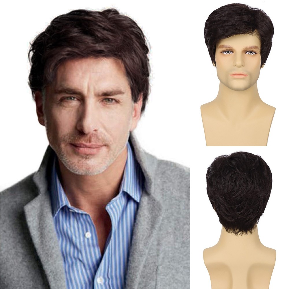6in Men’s Short Brown Black Straight Wig Full Heat Resistant Synthetic Party