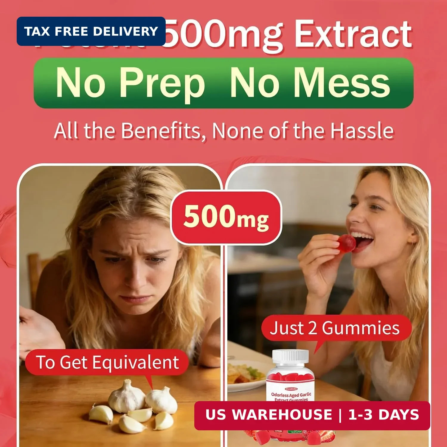Odorless Aged Garlic Extract Gummies,Organic 2-Year Garlic Supplement for Heart