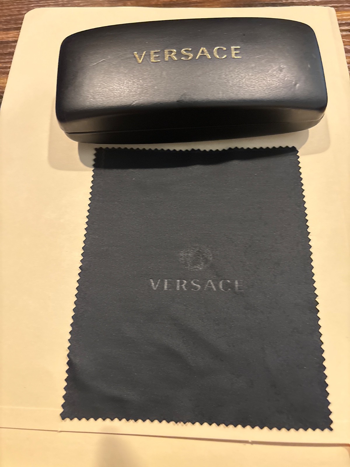 Versace Black Hard Case Eyeglasses & Sunglasses, embossed eyeglass cloth