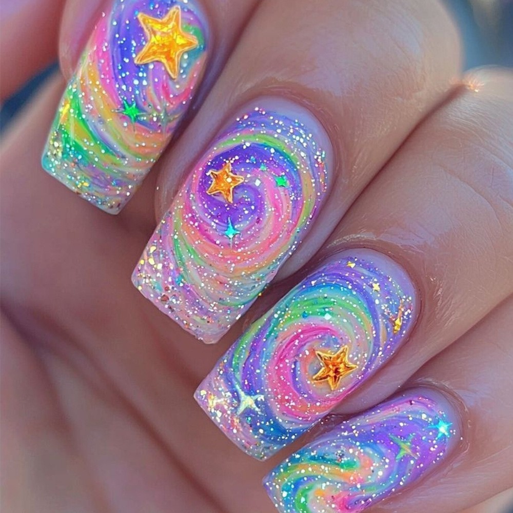 24PCS Rainbow Galaxy Press-On Nails – Holographic Glitter & Stars