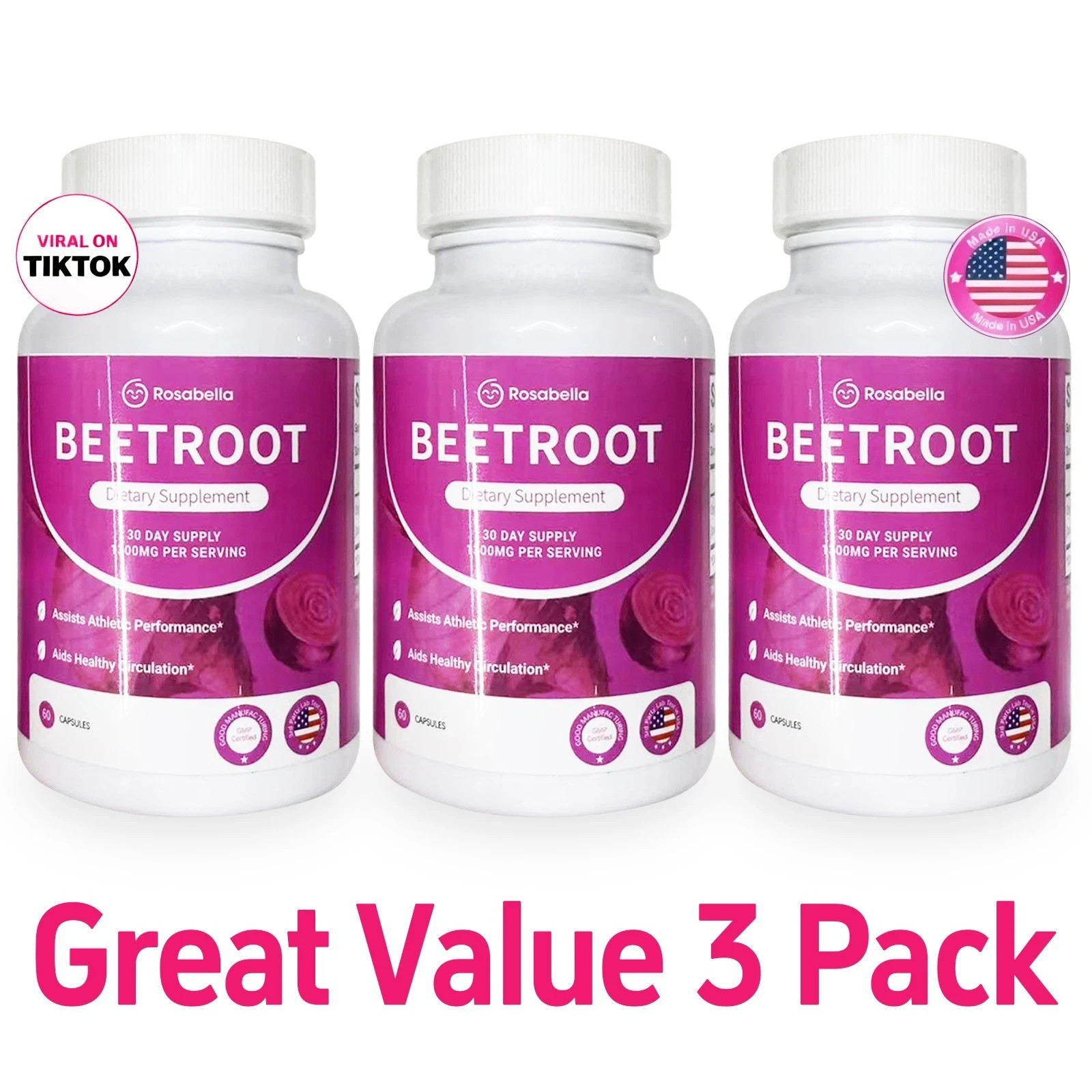 3PCS Rosabella Organic Beet Root 60 Capsules NaturalEnergy Boost Blood Pressure