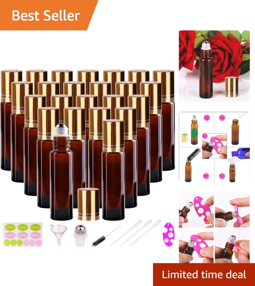 24 Pack 10ml Amber Glass Roller Bottles – Perfect for Essential Oils & Travel