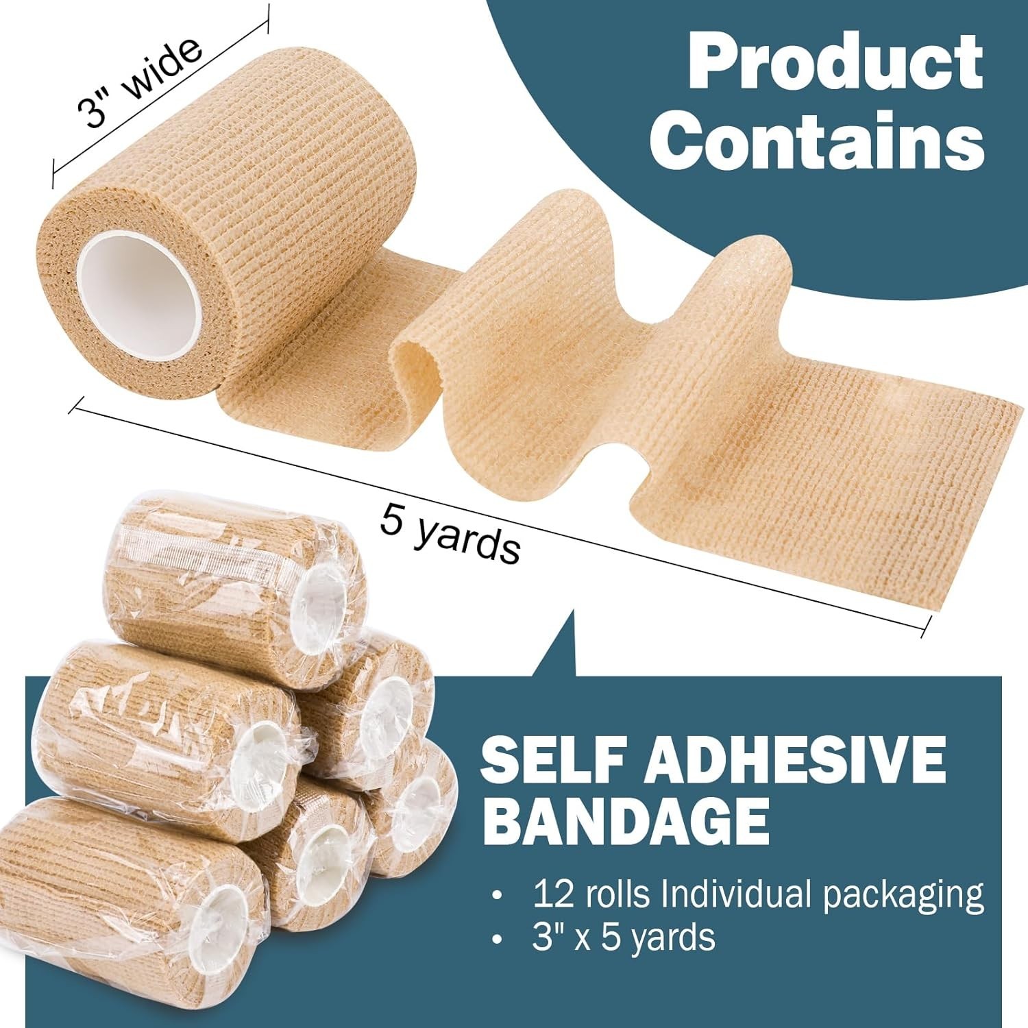 12 Pack Self Adhesive Bandage Wrap, 3″ X 5 Yards Elastic Cohesive Bandage Wrap