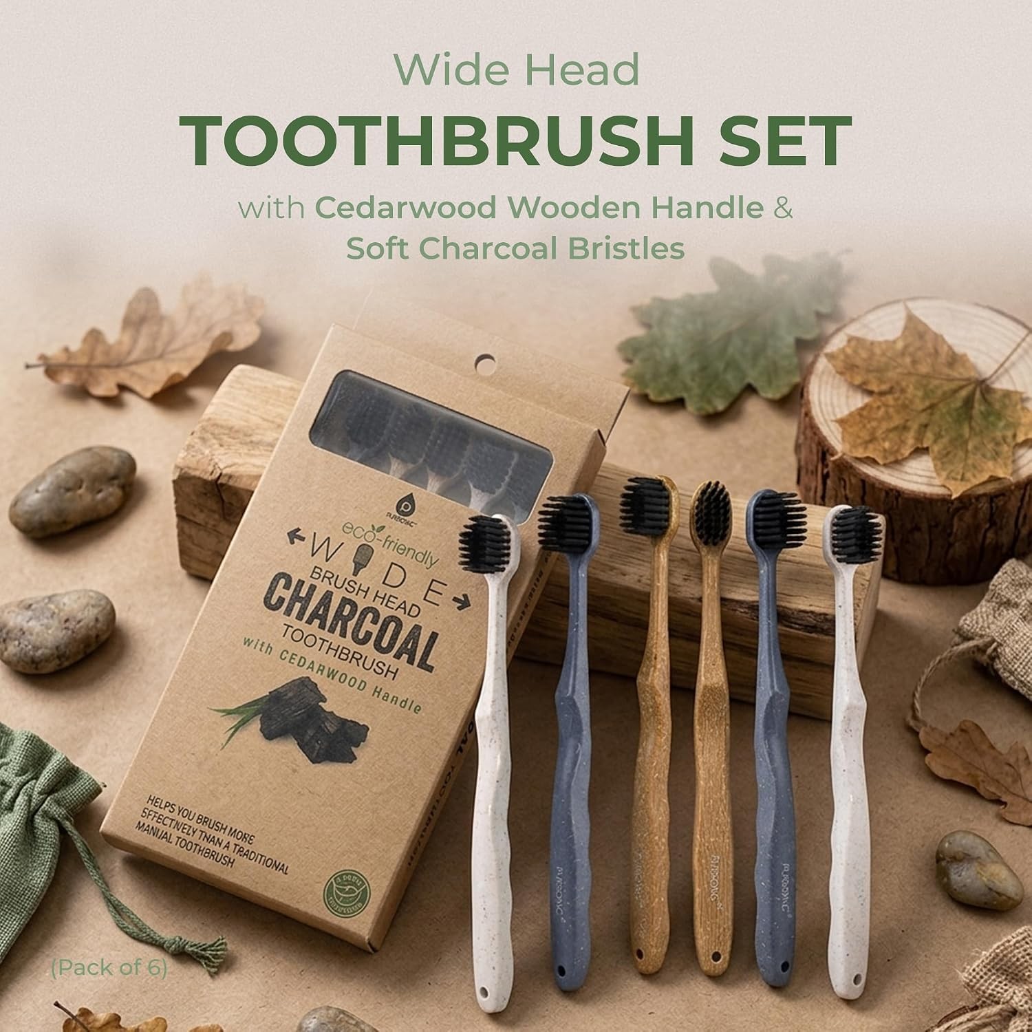 Wide Head Toothbrush Set with Cedarwood Wooden Handle & Soft Charcoal Bristles –