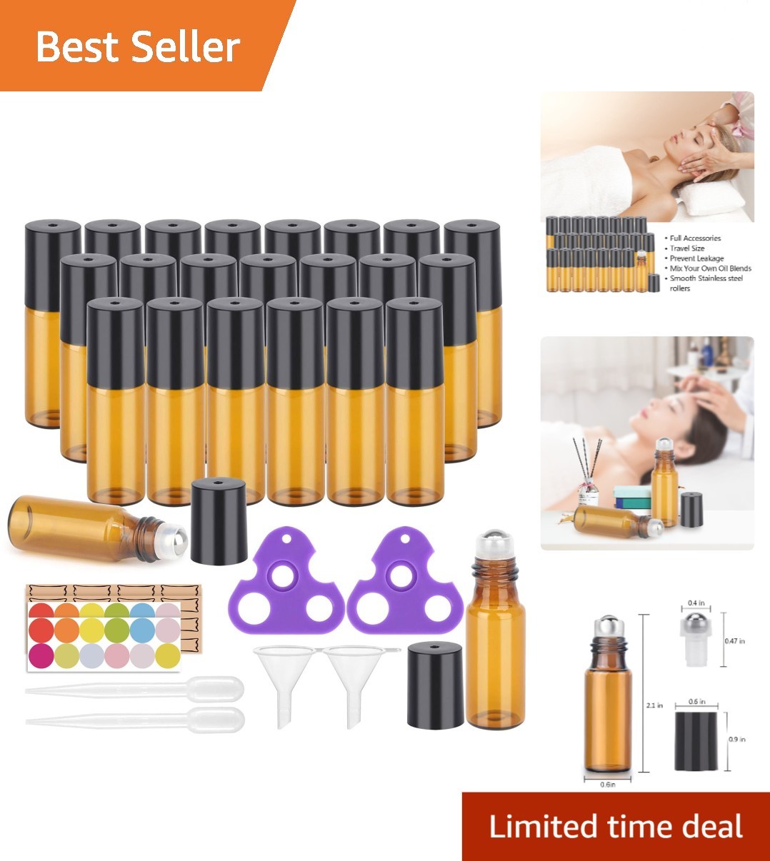 Complete Essential Oil Roller Bottle Kit – 24 Amber 5ml Bottles with Labels