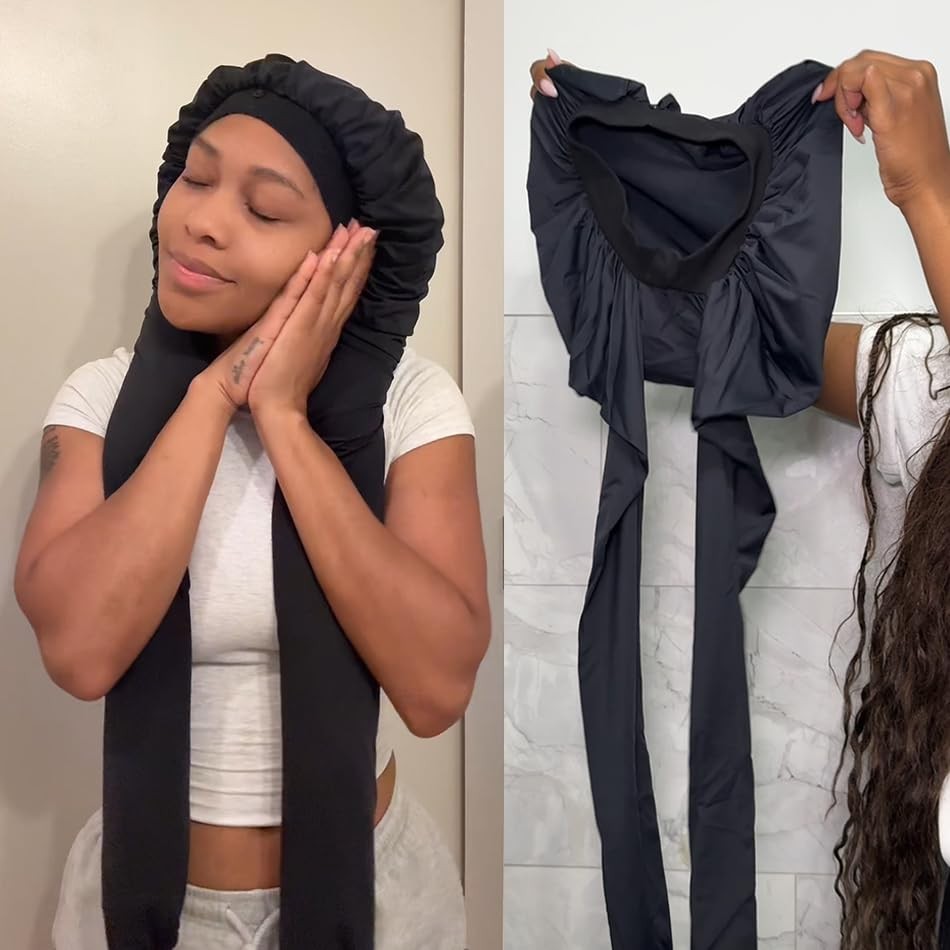 Hair Bonnet for Women Sleeping, Long Silk Bonnets One Size, Black