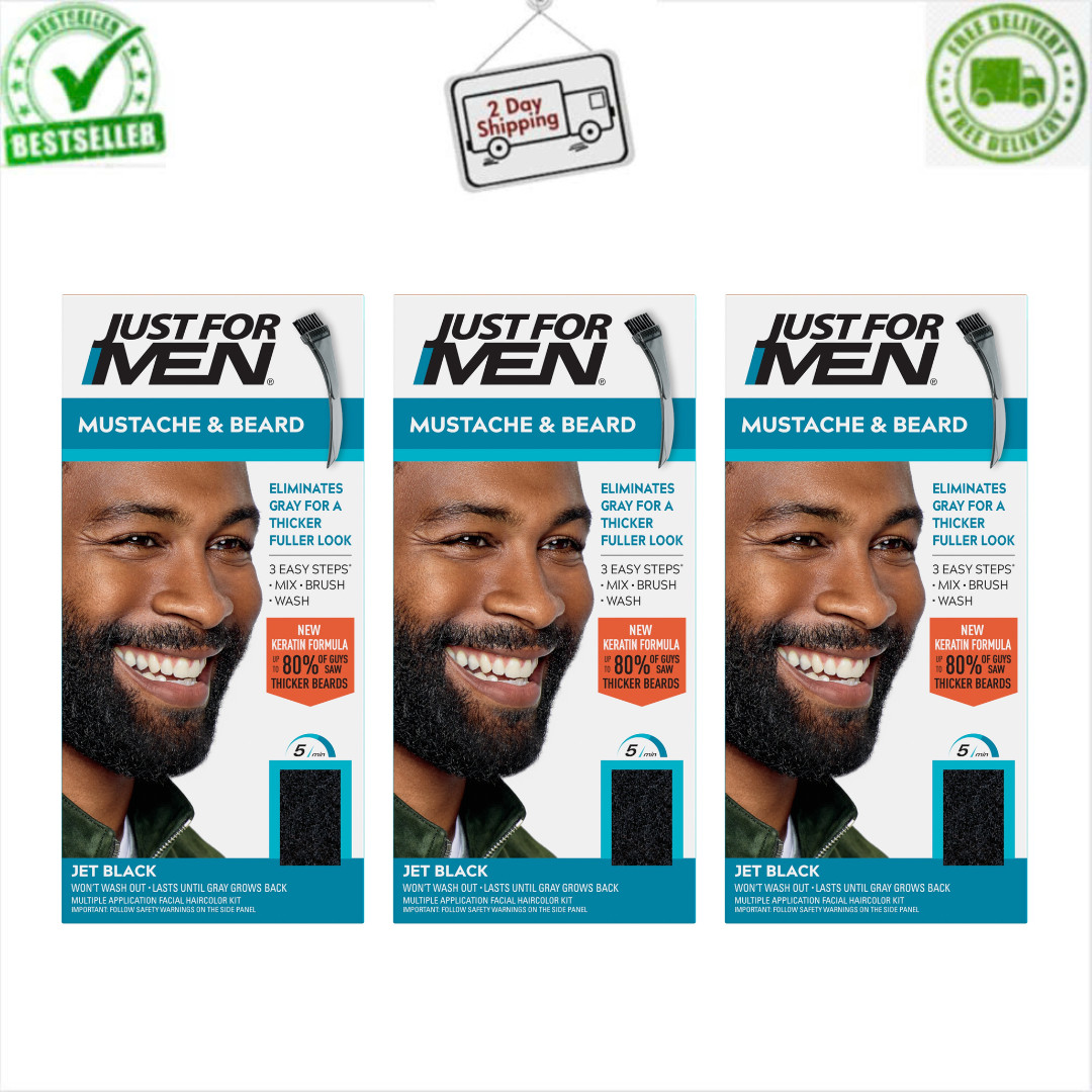 (3 Pack) Just For Men Mustache & Beard Dye Jet Black, M-60, Gray Coverage Gel