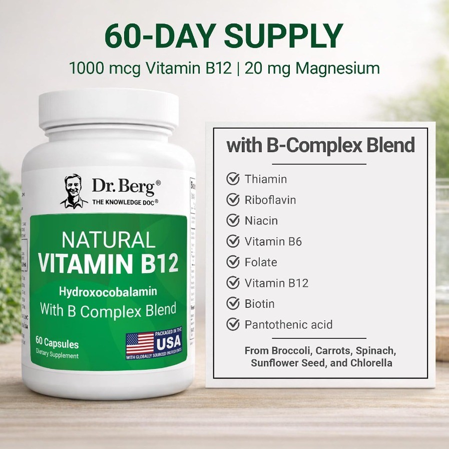 New Dr. Berg Natural Vitamin B12 1000 mcg (Hydroxocobalamin) 60 Capsules
