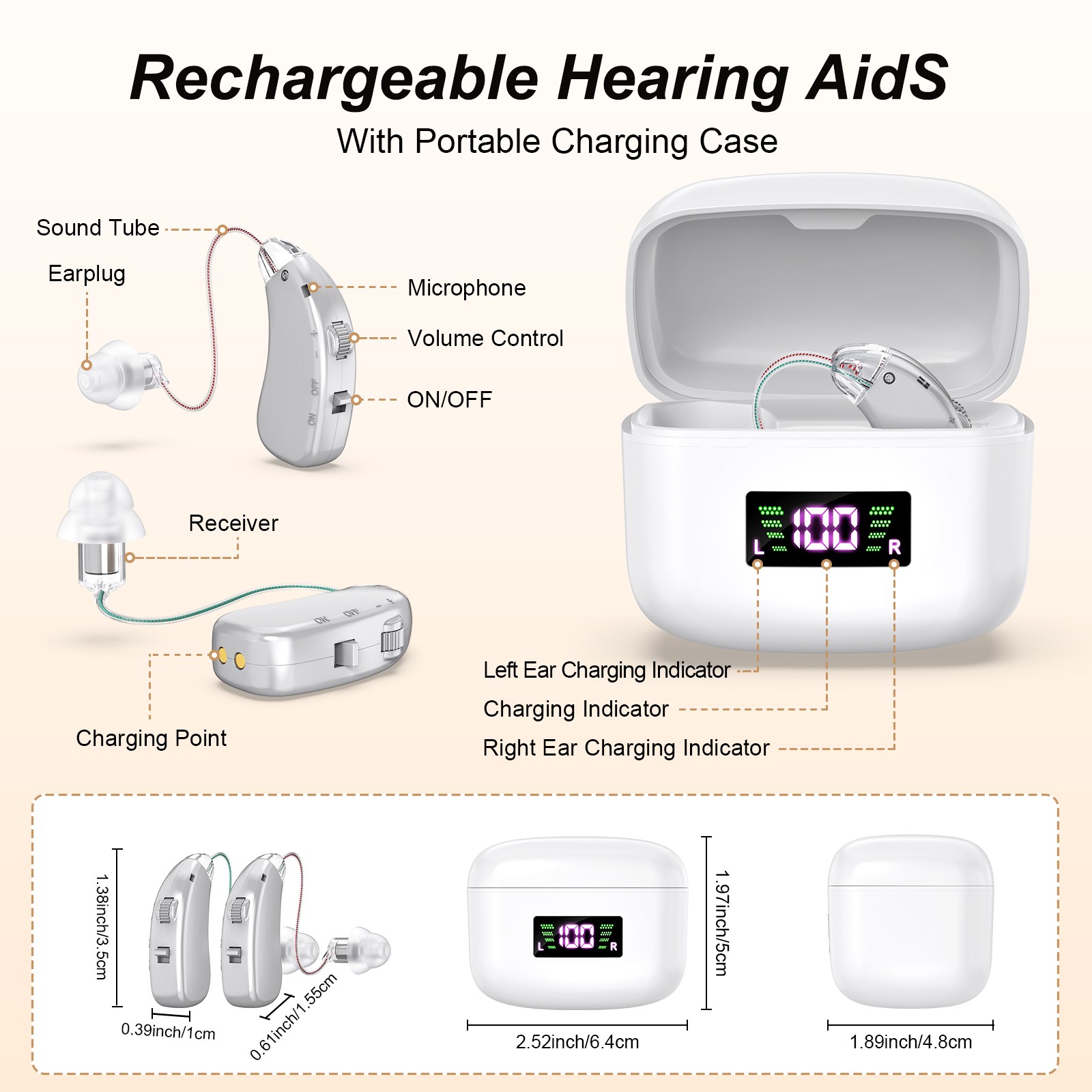 BTE Digital Rechargeable Hearing Aid For Severe Hearing Loss With Charging Case