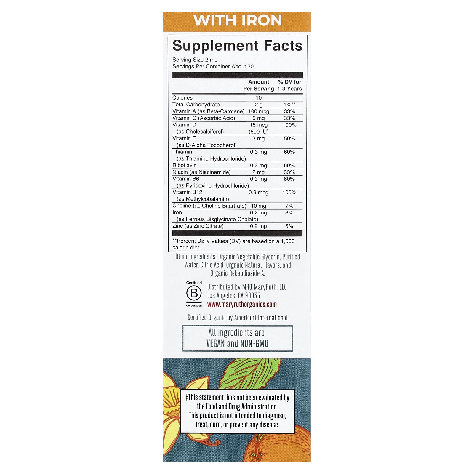 Organic Toddler Multivitamin Liquid Drops With Iron, 1-3 Years, Orange Vanilla,