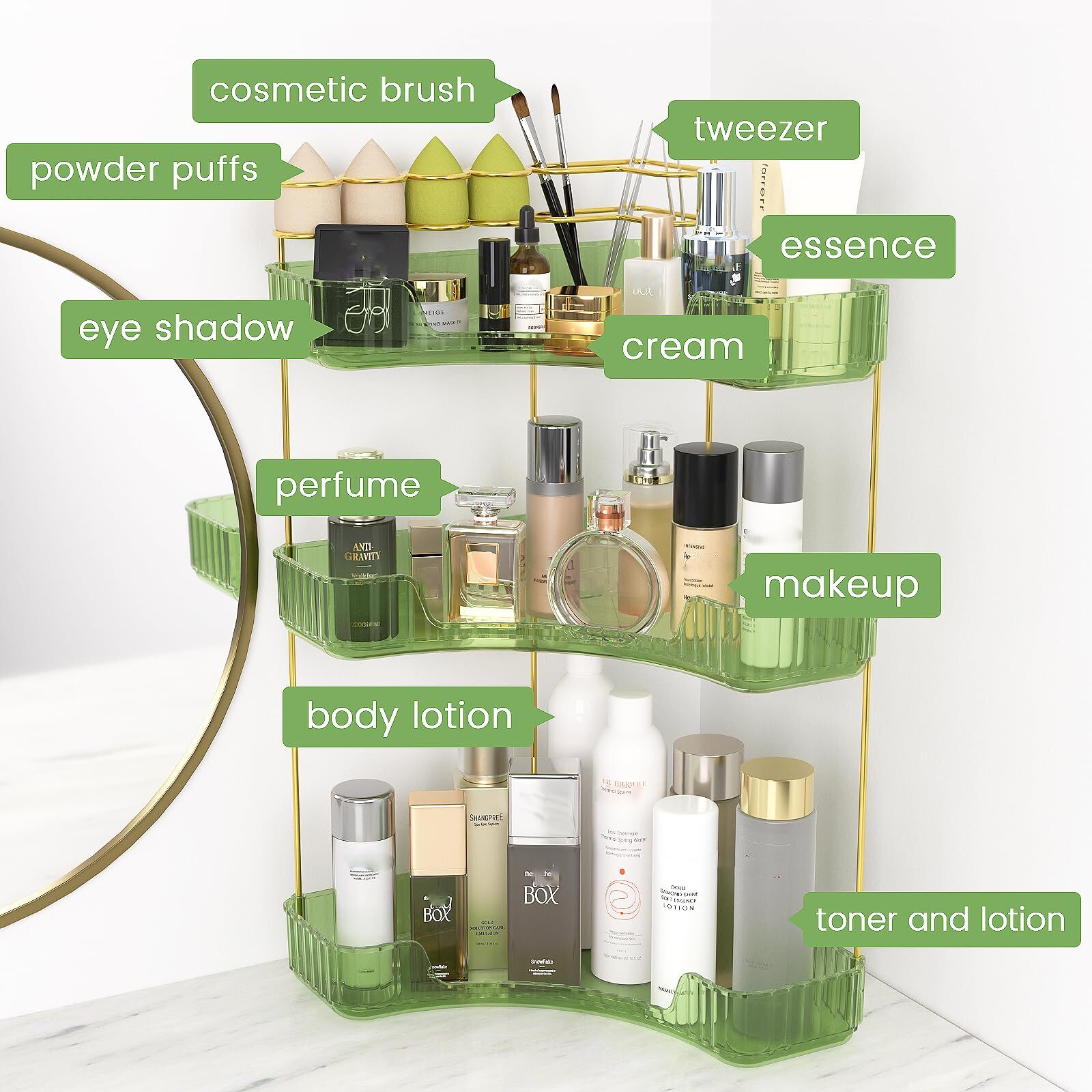 3-Tier Green Corner Makeup Organizer Countertop with Brush Holder for Bathroom