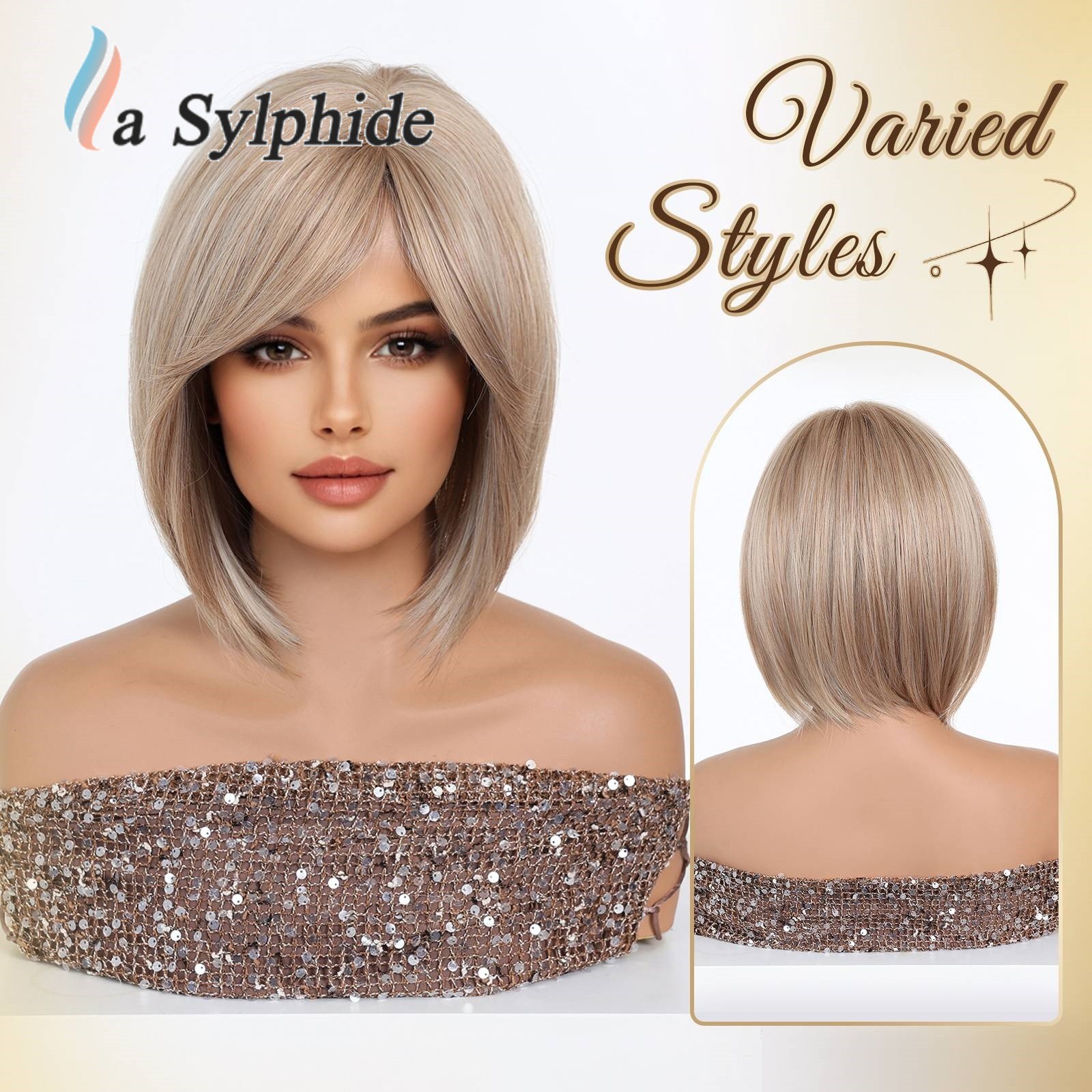 Brown Highlight Clavicle BOB Short Straight Wig Side Bang Rose Net Breathable