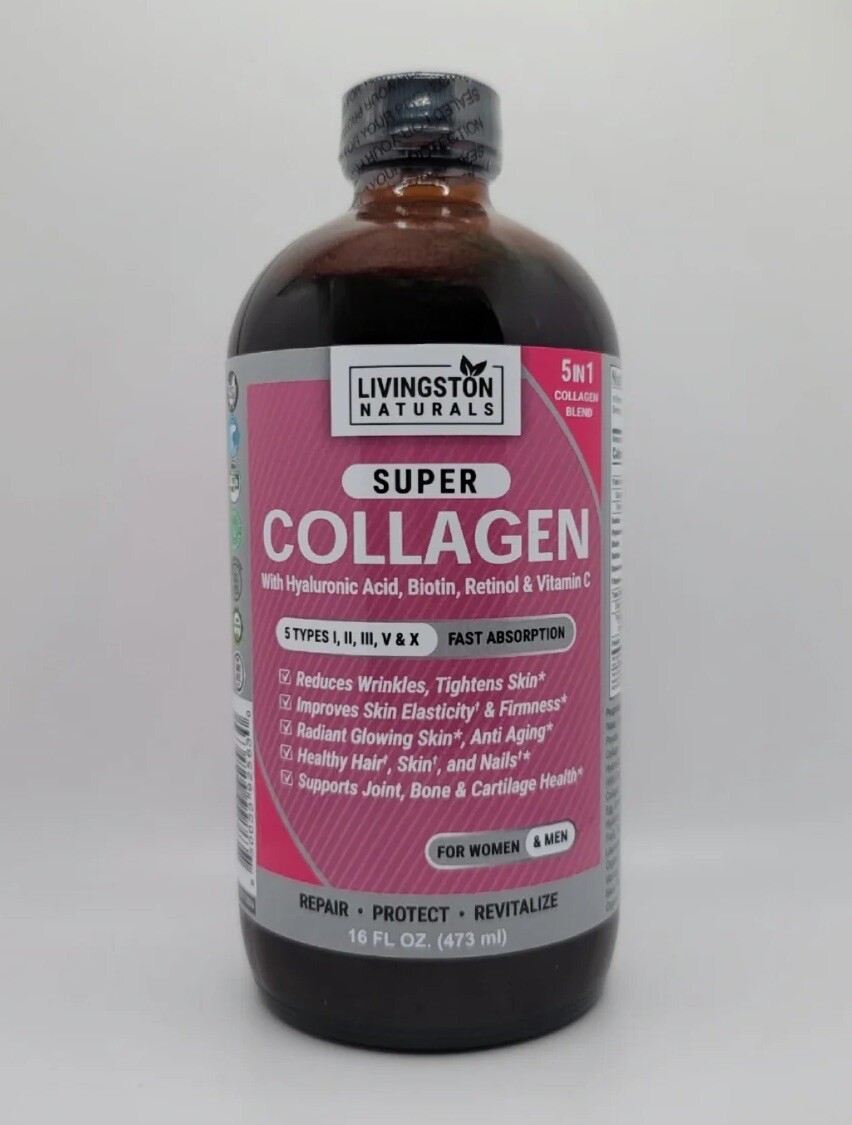 Super Collagen By Livingston Natural Herbal Labs. 5 in 1 Collagen Blend. 16 oz.