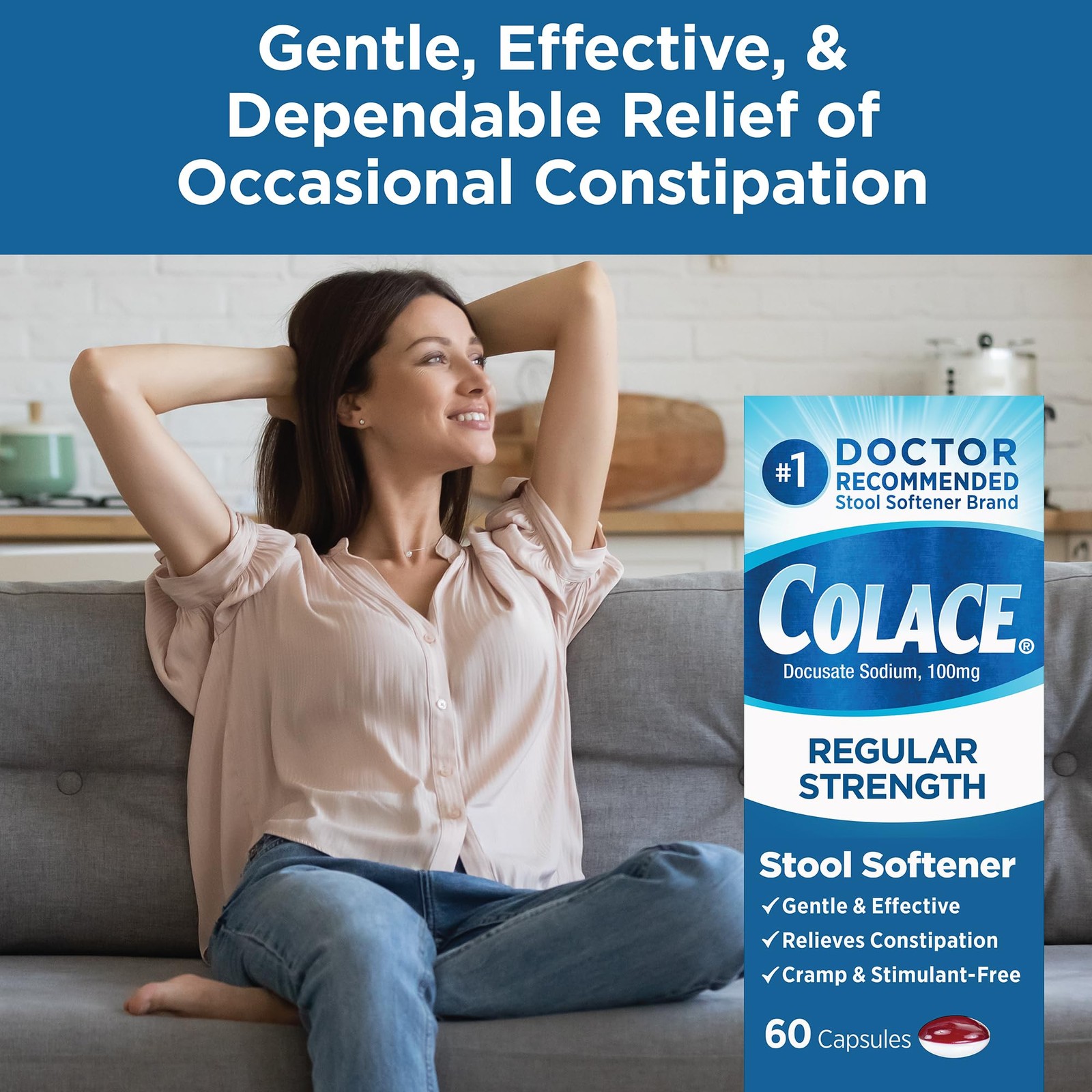Colace Stool Softener 100 mg, 60 Capsules, Constipation 60 Count (Pack of 1)