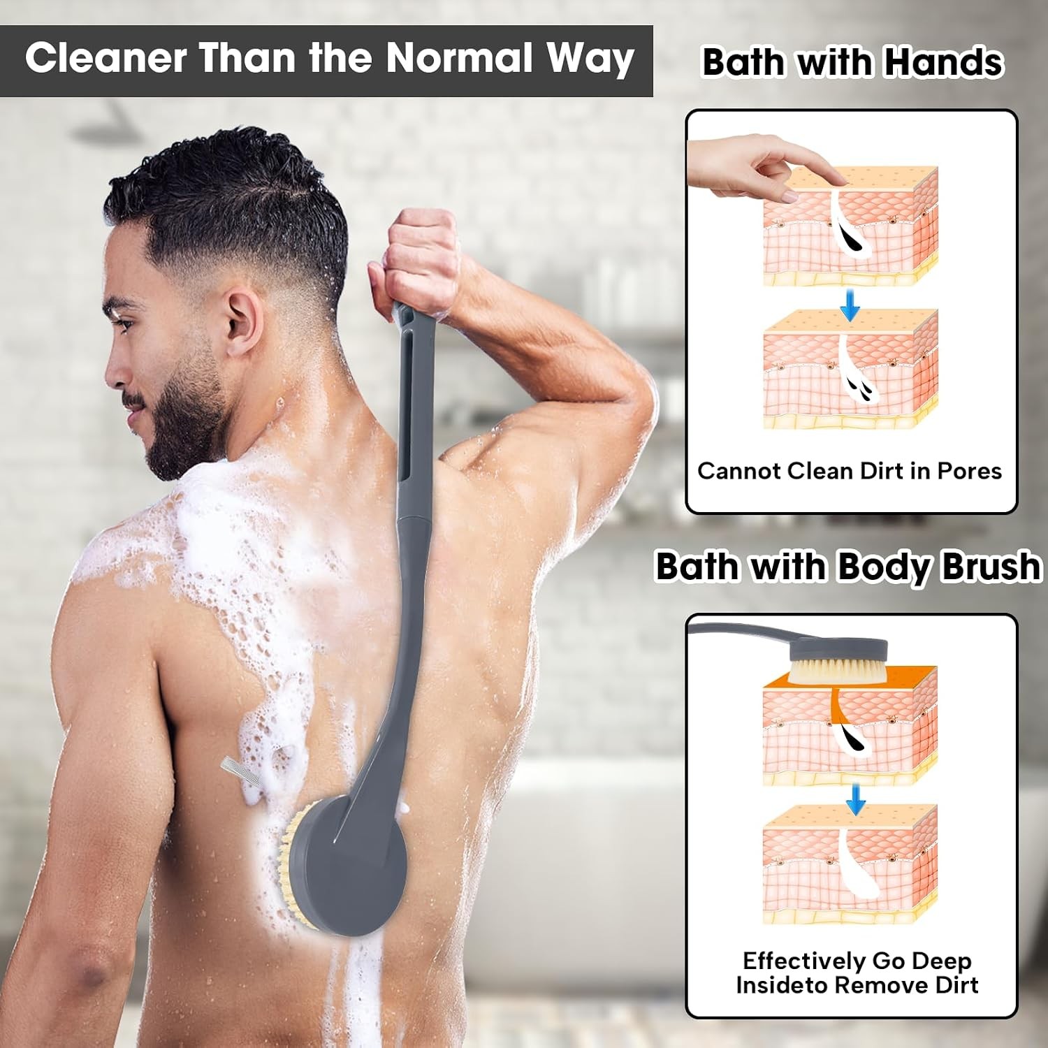 Back Scrubber for Shower, 20.5″ Long Handle Body Brush, Deep Clean, Grey