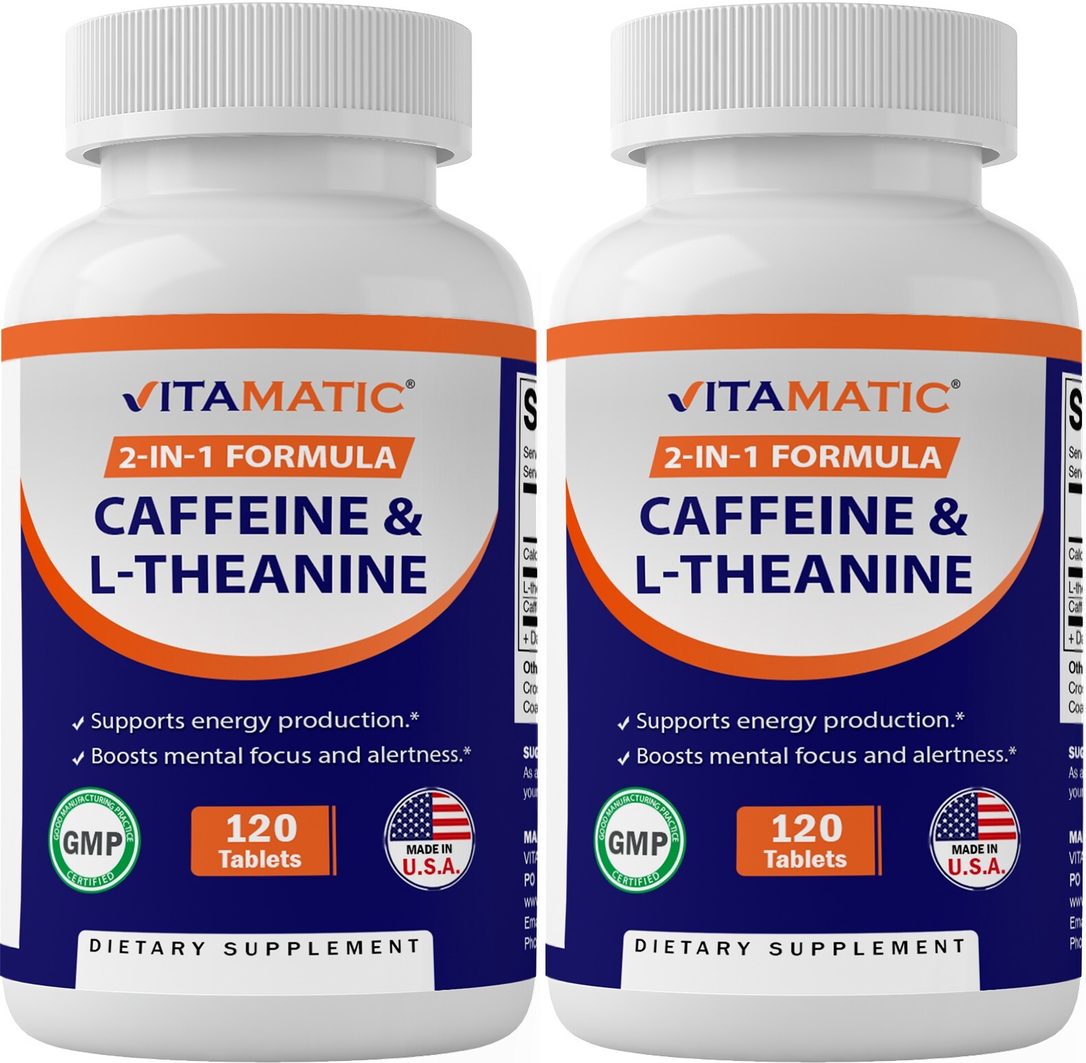 2 Packs Vitamatic Caffeine Pills with L-Theanine-300 mg per Tablet – 120 Tablets