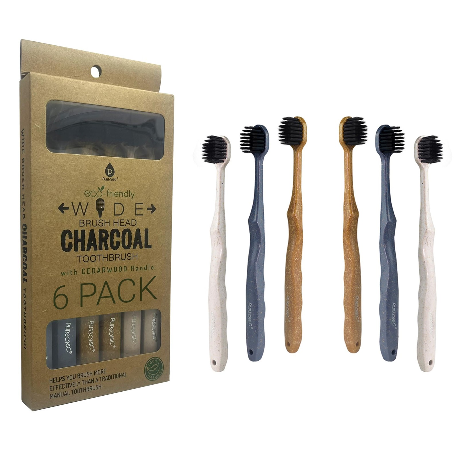 Wide Brush Head Toothbrush with Eco-Friendly Cedarwood Handle, 6-Pack