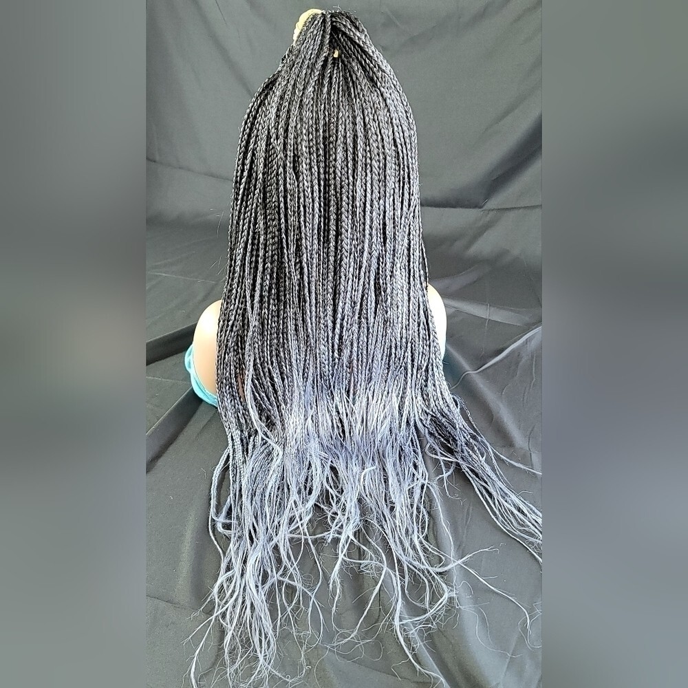 Braided Wig Micro Braids Lace Front Glueless 26in Silver Black Ombre Handmade
