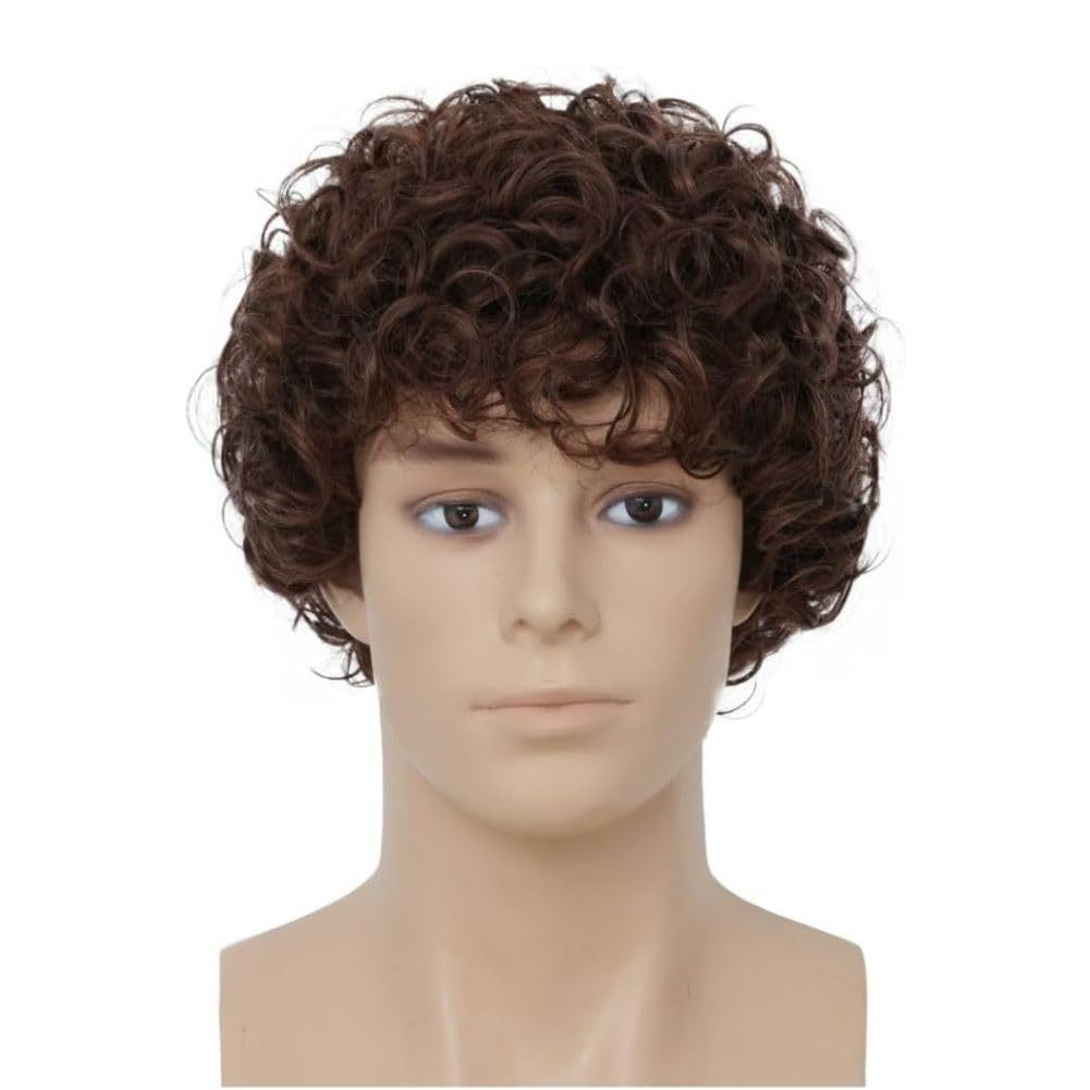 Brown African Short Small Curls High Temperature Synthetic Wig Full Head Wig