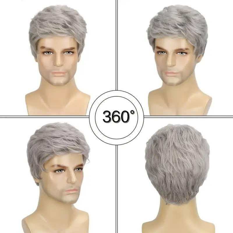 Men’s 6in Silver Gray Full Wig Heat Resistant Synthetic Cosplay Halloween Party