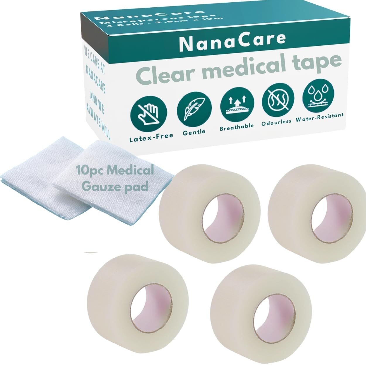 NanaCare Waterproof Medical Tape 4 Rolls with Gauze Pads Clear