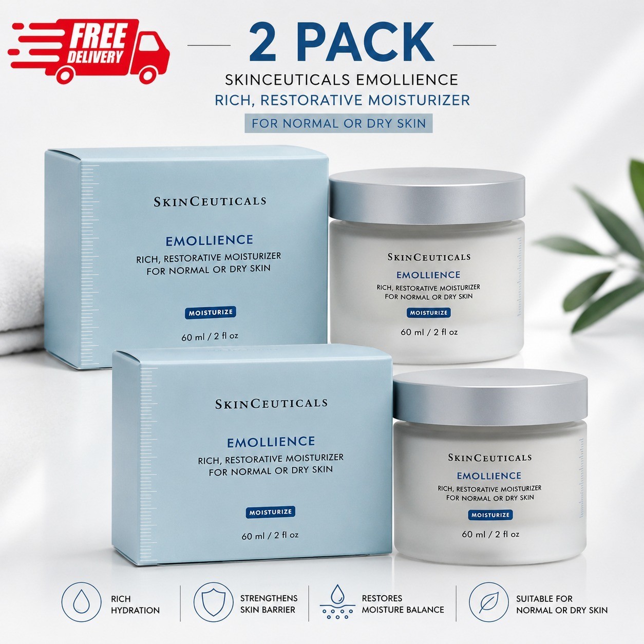 2X SkinCeuticals Emollience Moisturizer 60ml / 2 fl oz Free Shipping pack of 2