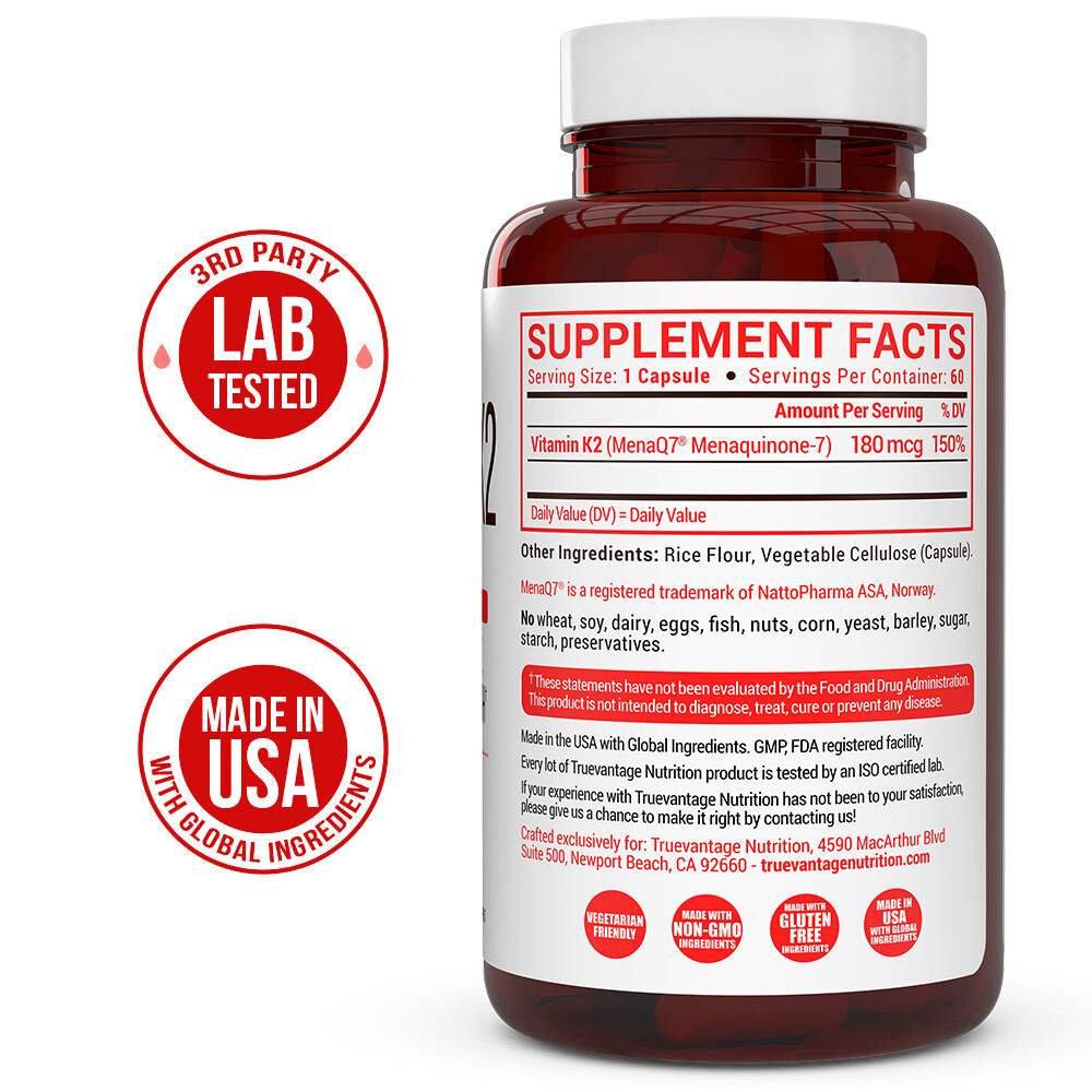 Vitamin K2 Supplement 180mcg -Vitamin K2 MK7 Supports Bone & Heart Health