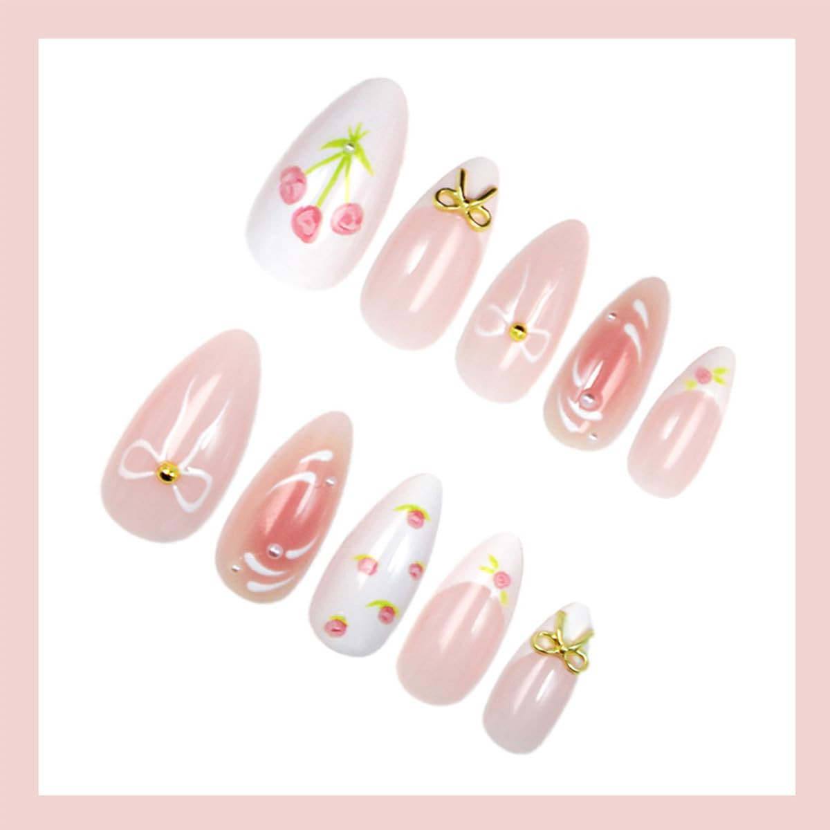 24Pcs Medium Almond Press on Nails Pink Valentines Fake Nails 3D Metal Bow Acryl