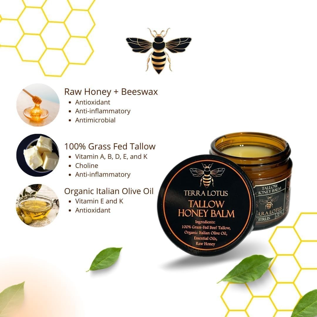 Organic Grass-Fed Beef Tallow Balm with Raw Honey-Moisturizing Cream(2 Oz,Citrus