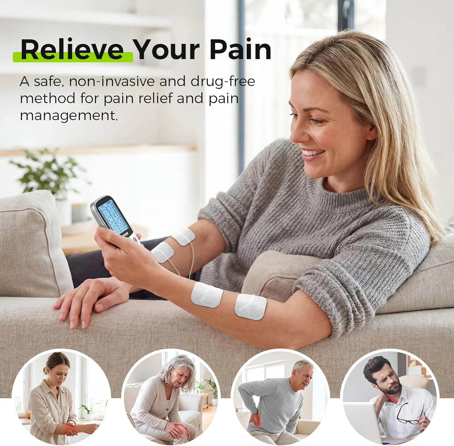 AUVON Rechargeable 24-Mode TENS Unit with Independent Dual Channels for Back Pai
