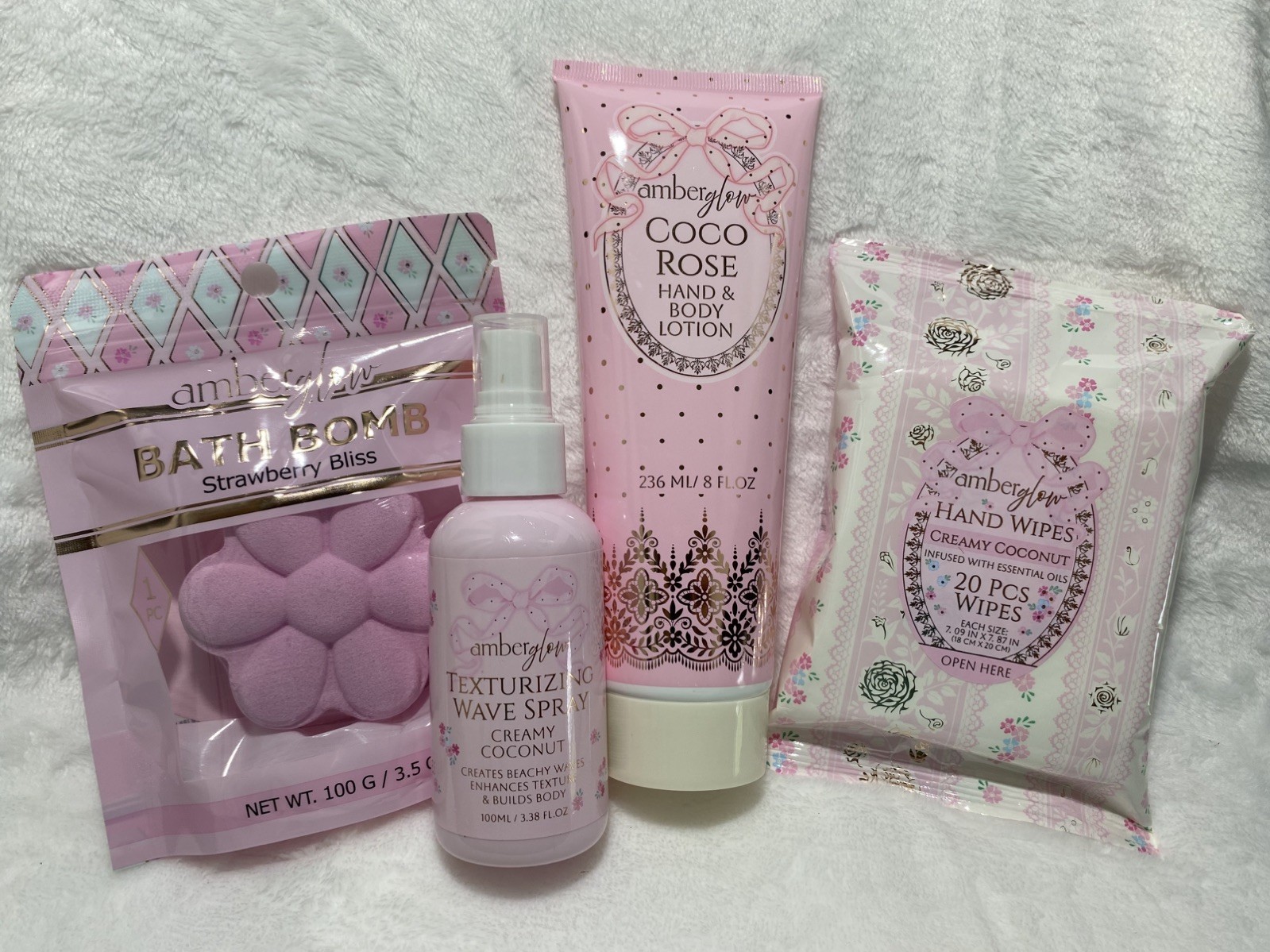 AMBER GLOW Set of 4: Hand wipes, Wave Spray, Body Lotion & Bath Bomb