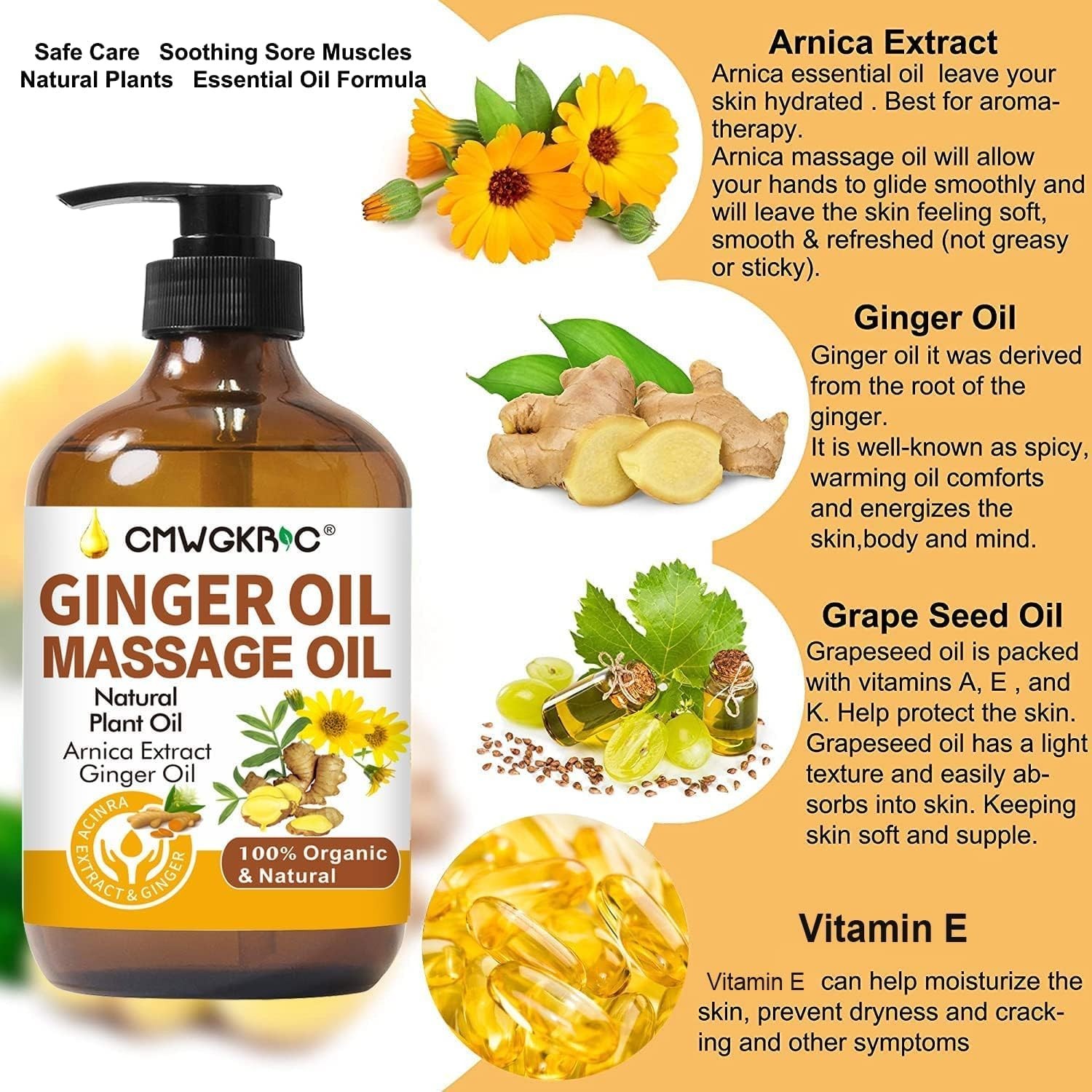 Ginger Oil,Ginger Massage Oil for Lymphatic Drainage,Natural Body Oil for Skin,A