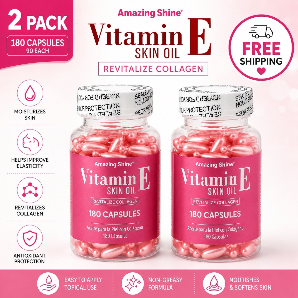 Amazing Shine Collagen + Vitamin E 2 Pack Skin Beauty Supplement 180 Capsules