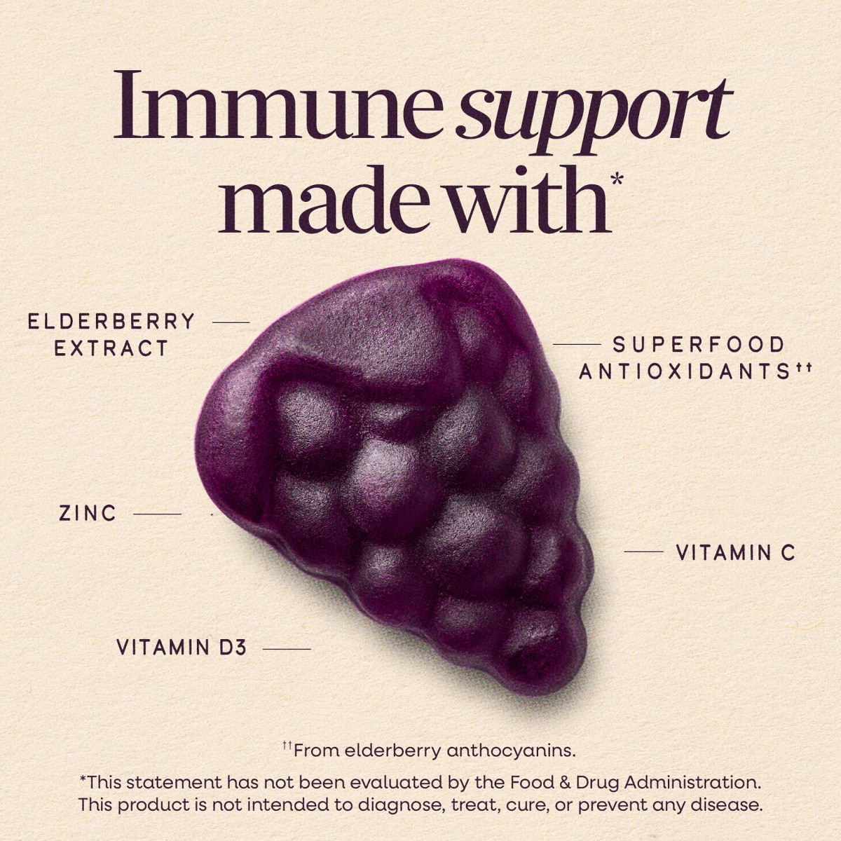 Sambucus Elderberry Immune Gummies with Vitamin C, Vitamin D3 and Zinc – 60ct