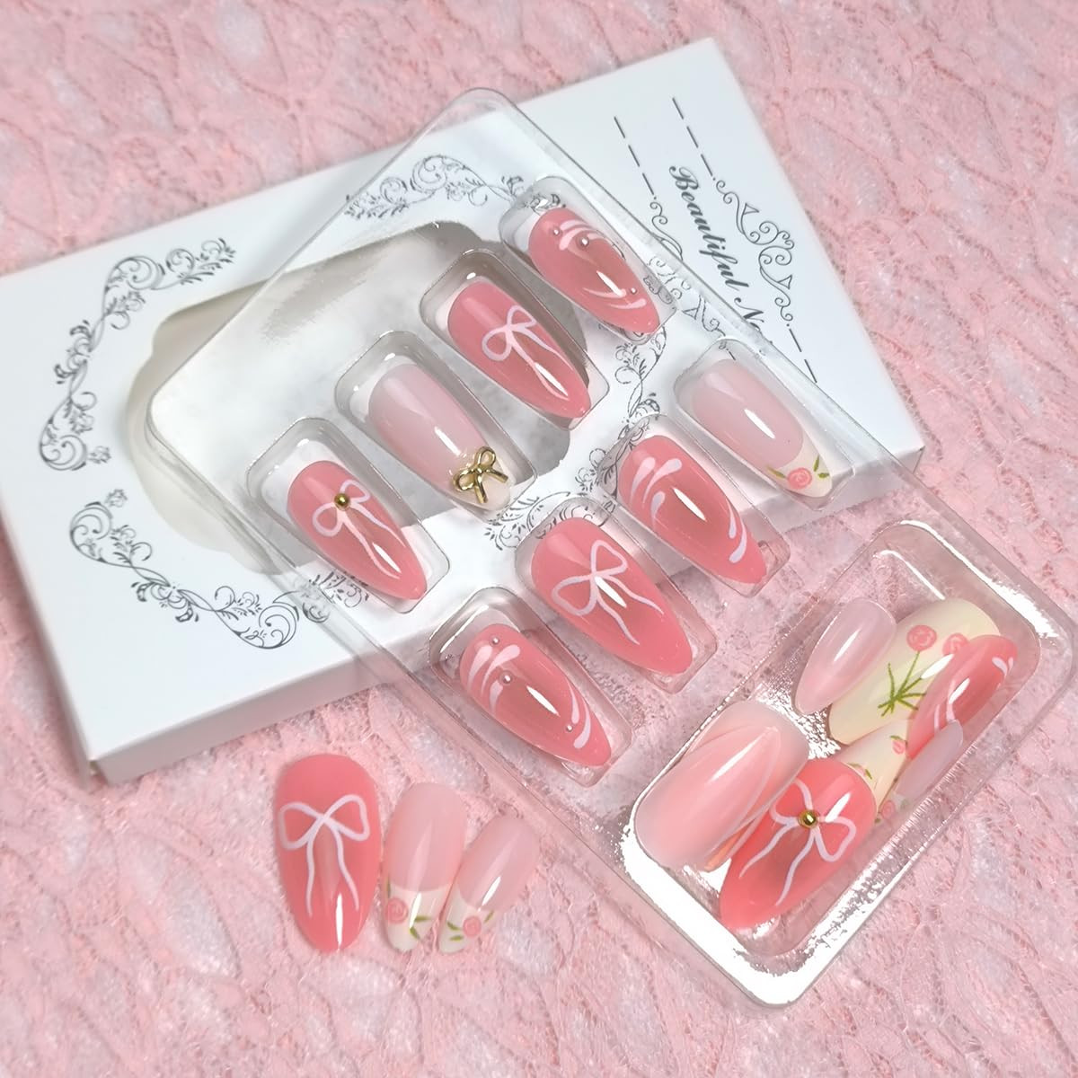24Pcs Medium Almond Press on Nails Pink Valentines Fake Nails 3D Metal Bow Acryl
