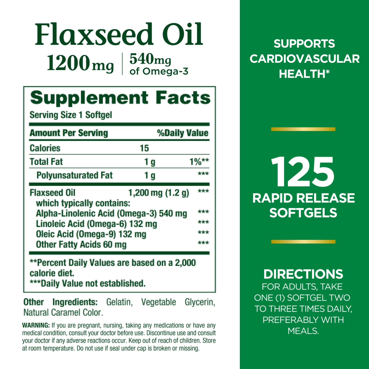 Nature’s Bounty Flaxseed Oil 1200Mg 125 Softgels Omega 3 Heart Health