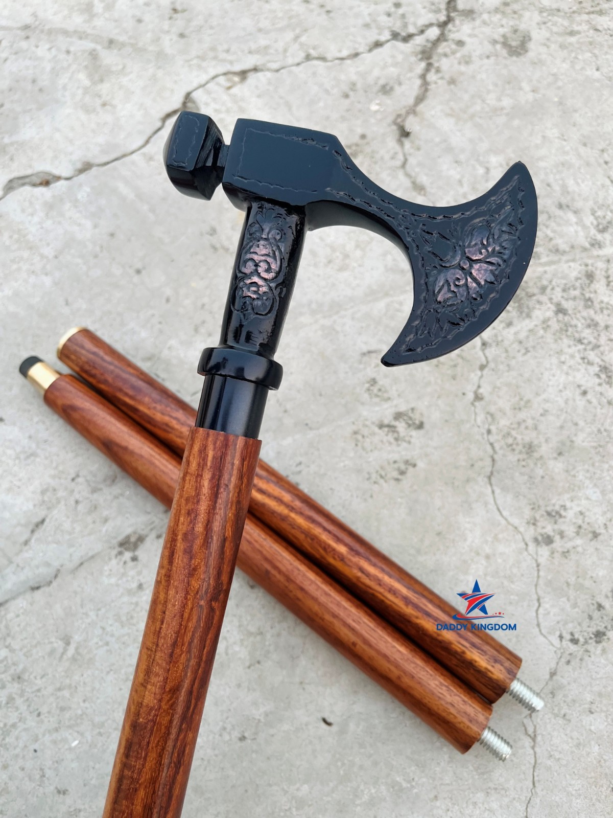 ANTIQUE BLACK BRASS AXE DESIGN HEAD HANDLE 3 FOLD WOODEN WALKING STICK CANE GIFT
