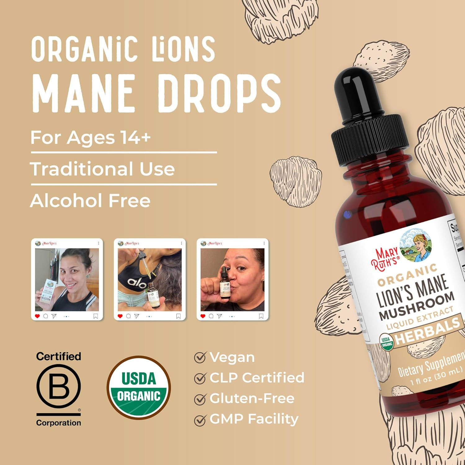 Maryruth Organics Lions Mane Mushroom Supplement, up to 1 Month Supply, Nootropi