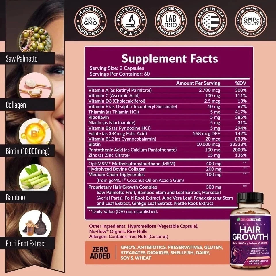 2PC Rainbow Nutrients Advanced Hair Growth-Promote Hair Growth-NEW FREE SHIP