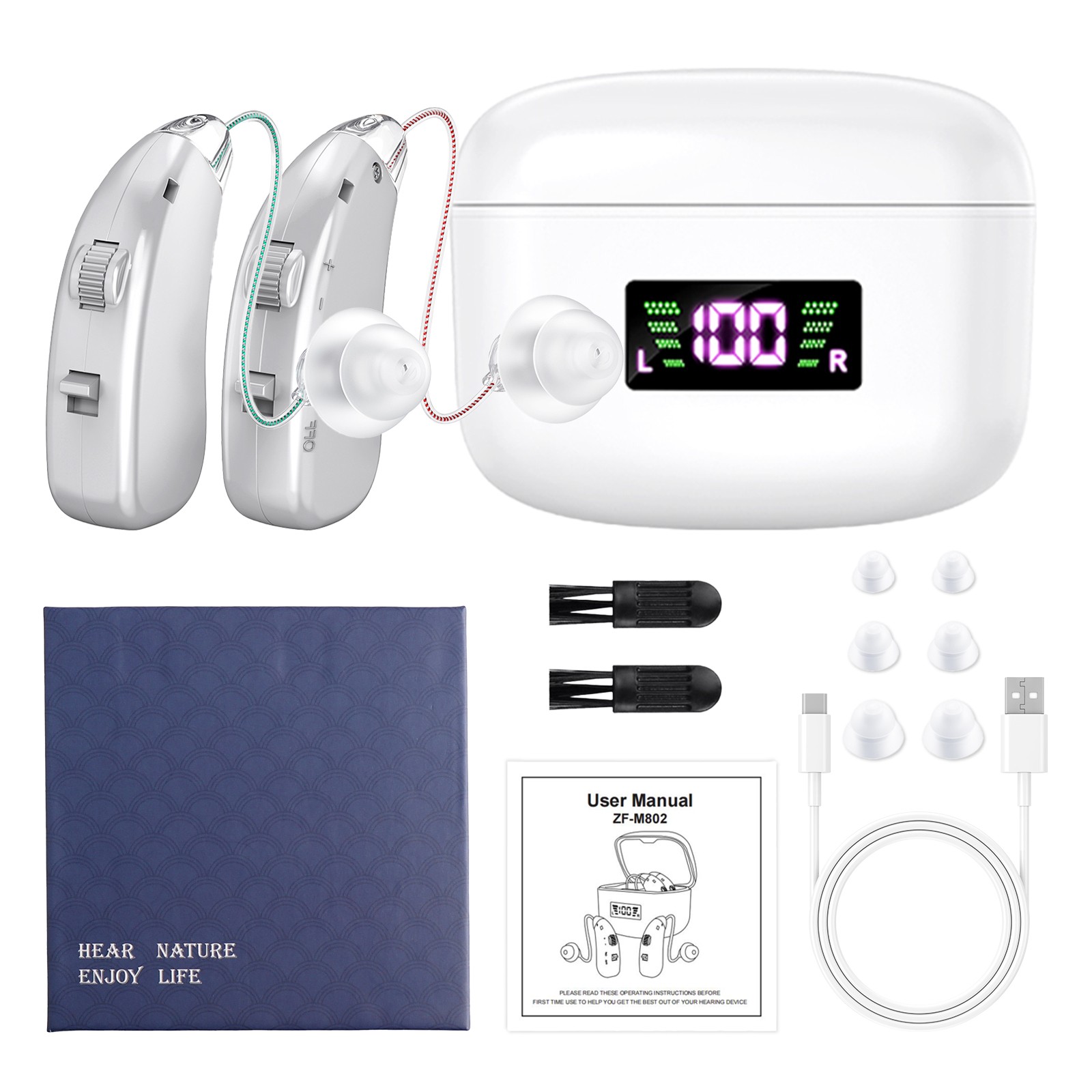 BTE Digital Rechargeable Hearing Aid For Severe Hearing Loss With Charging Case