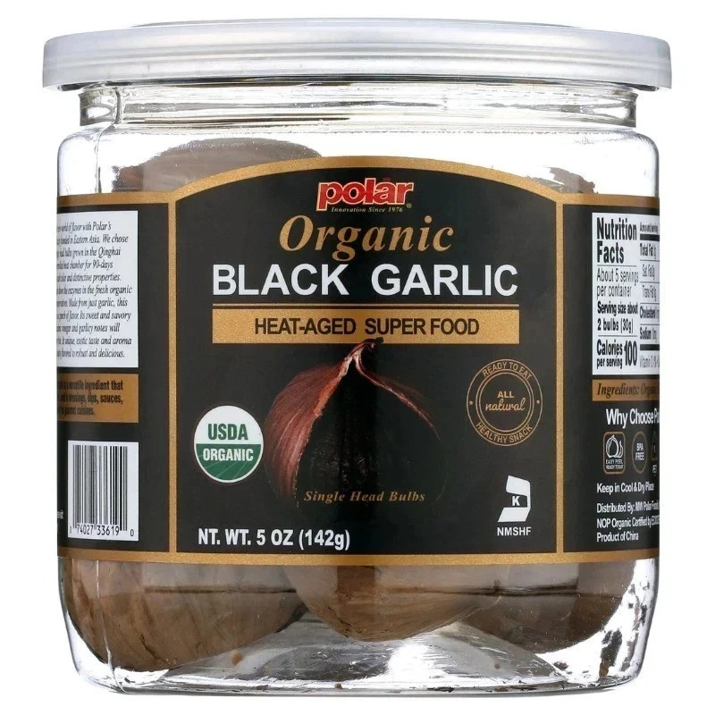 MW Polar Organic Black Garlic Naturally Cured Whole Bulbs, 5 oz Jar.