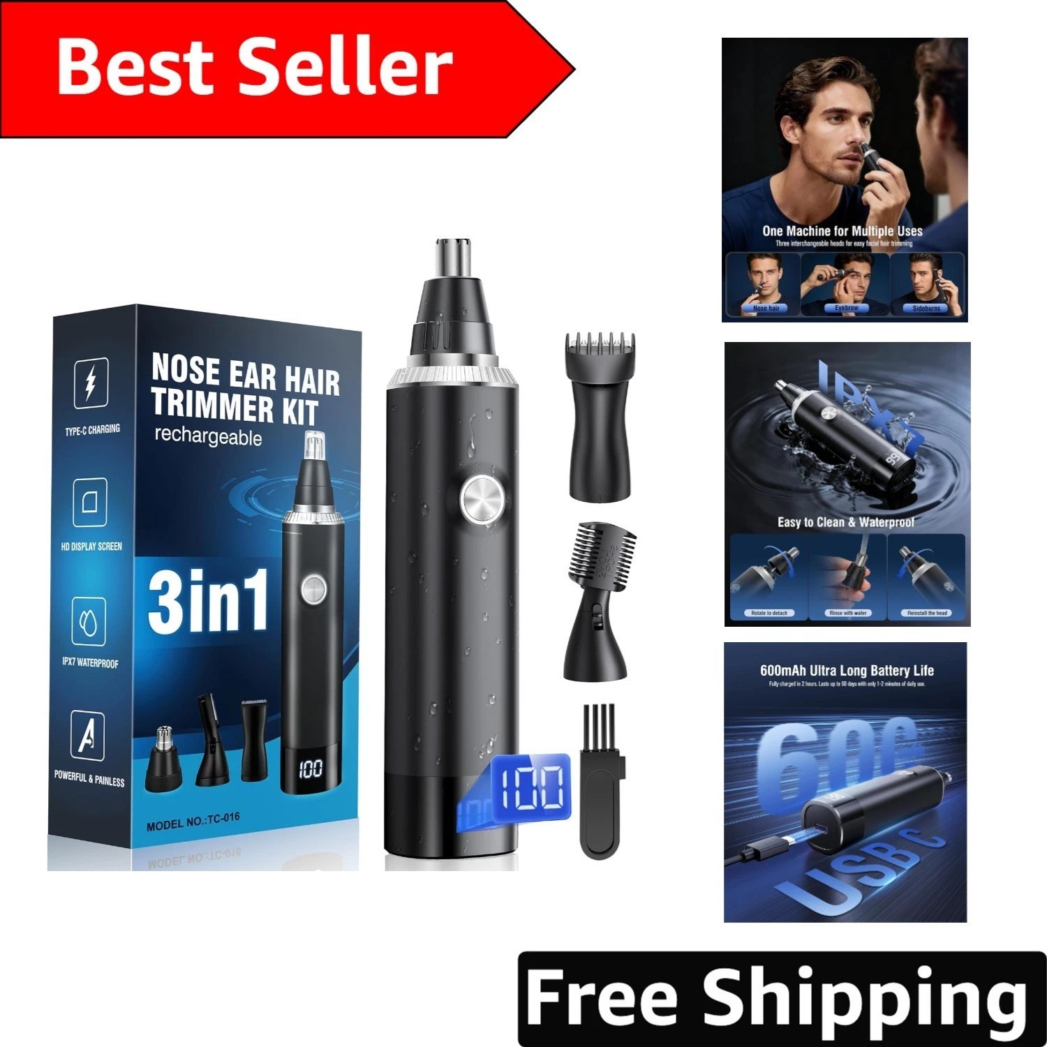 3-in-1 Waterproof Nose Hair Trimmer & Eyebrow Groomer – Rechargeable & Painless