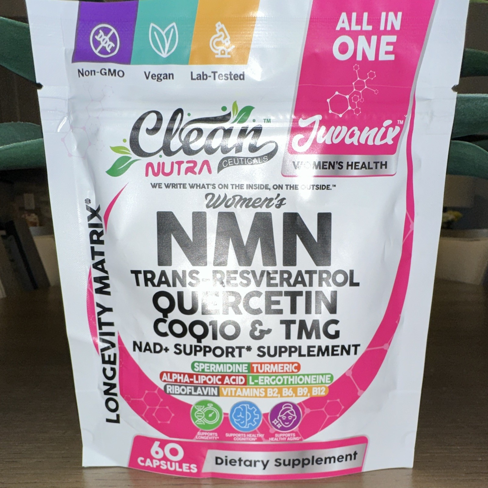 Clean Nutra JuvaniX Women’s NMN 500mg w/ Resveratrol Quercetin CoQ10 TMG 60