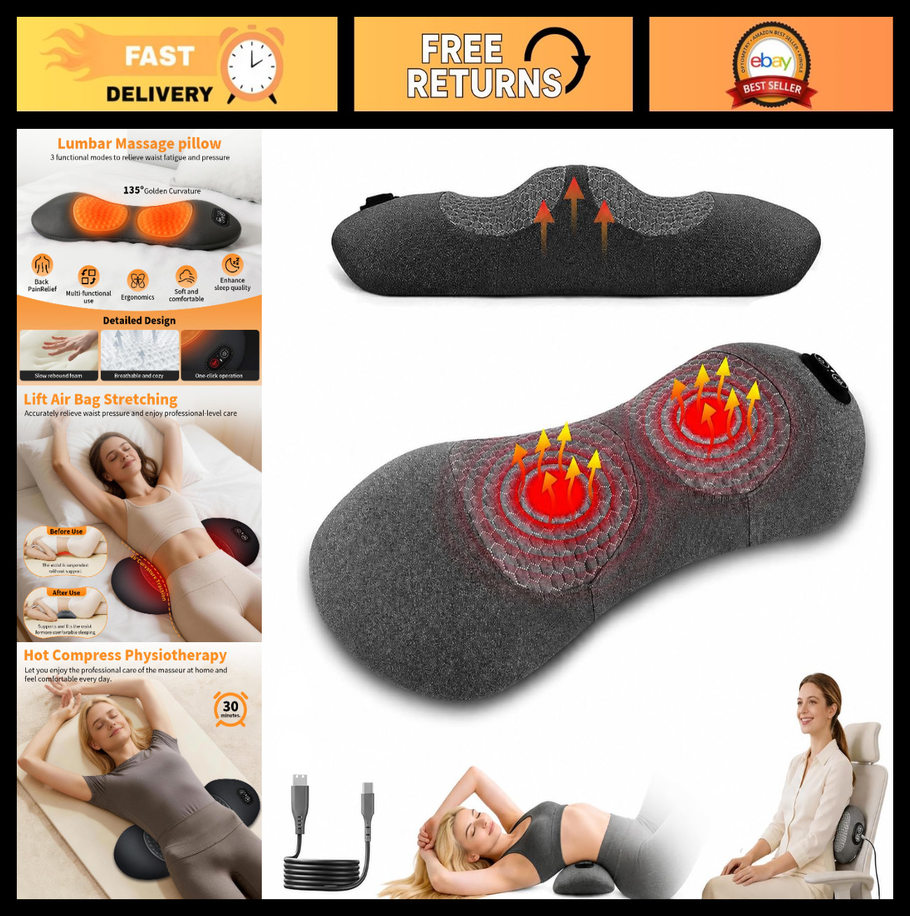 3-in-1 Electric Lumbar Support Pillow – Heated Back Massager & Traction for Pain
