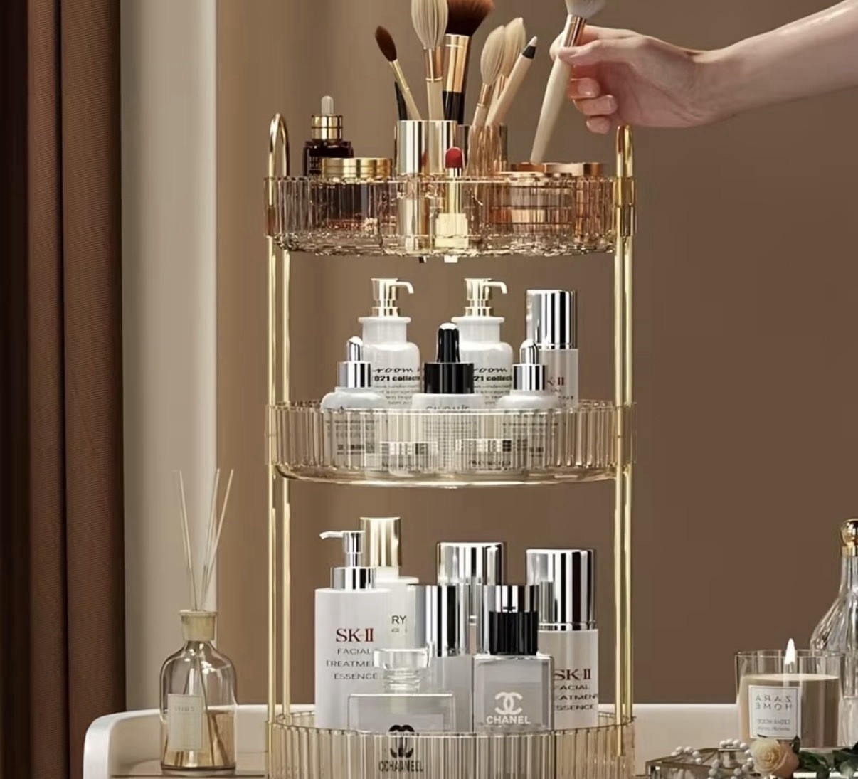 3-Tier Tiered Makeup Organizer Rack Stand Champagne Clear