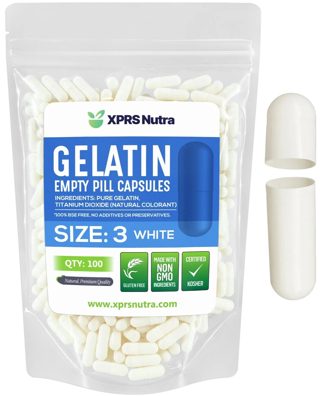 Size 3 White Empty Gelatin Pill Capsules Kosher Gel Caps Gluten-Free Made in USA